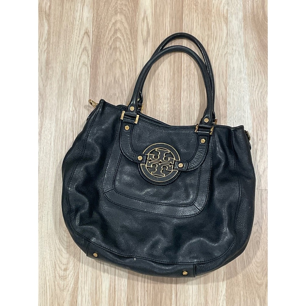 Tory Burch Amanda Hobo Bag Black Pebbled Leather Gold Logo Tote Handbag